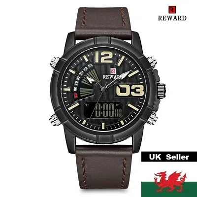 £20.99 • Buy Gents Luxury REWARD Large Dual Time Face Brown Or Black Genuine Leather Watch 