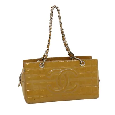 CHANEL Choco Bar Chain Shoulder Bag Enamel Beige CC Auth Ai608 • £546.91