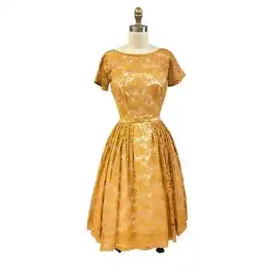 1950s VTG Mr. Mort Gold Lace Party Cocktail Prom Dress Sz S Low Back Full Skirt  • $250