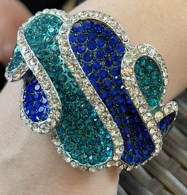 Vintage Rhinestone Bracelet Peacock Colored Green/Blue/Clear Hinged Retro • $35