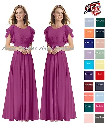 AF A-Line Scoop Neck Floor-Length Chiffon Bridesmaid Party Dress With Ruffle • £44.99