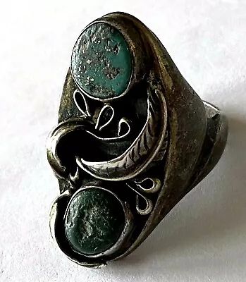 Coin Silver 2 Natural Turquoise Old Men's Tribal Bold Ring Size 11.75 Patina • $249.99