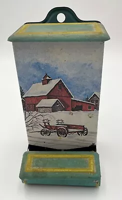 Vntg Jasco Tin/Metal Wall Mount Match Box Holder Winter Farm Scene Hong Kong 6” • $18