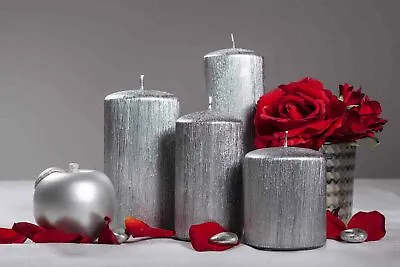 Brushed Metal Effect Pillar Candles In Silver Colour • £4.40