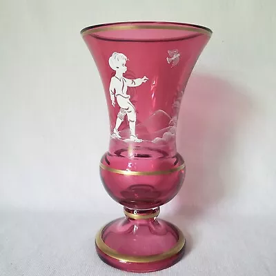 Mary Gregory Cranberry Glass Vase Boy Chasing Bird Gold Trim Signed 6  • $29.95