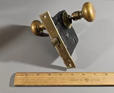 Vintage Salvaged Round Brass Door Knob Set With Russwin Lock-plate #1 • $25