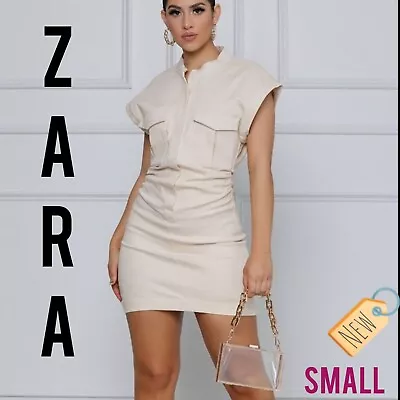 New Zara Darted Mini Dress With Cargo Pockets  Small Ivory Canvas Fabric  • $33.33