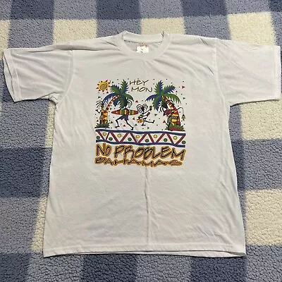 BAHAMAS Hey Mon No Problem Rasta Rastafarian XL Shirt White Thriller Banana VTG • $5.97