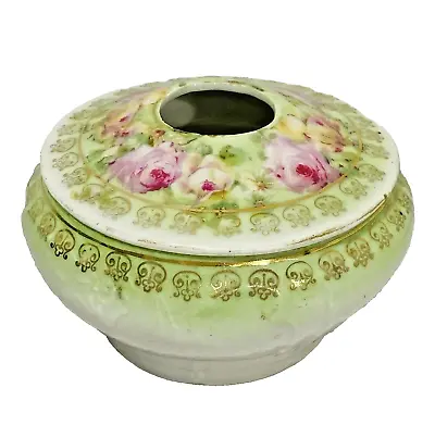 Vintage Porcelain Hand Painted Pink Floral Hair Receiver Dresser Vanity Box Jar • $14.40