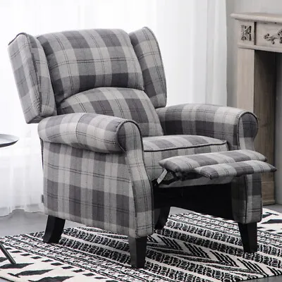 Tartan Grey Fabric Reclining Chair Armchair Home Cinema Tv Manual Recliner Sofa  • £229.95