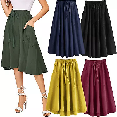 $20.99 • Buy Women Cotton Linen Solid High Waist Pocket A-line Ruffle Skirt Causal Drawstring