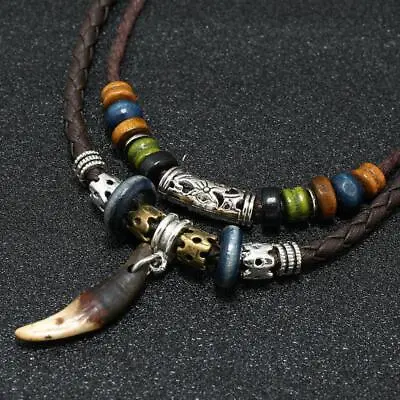 Men Weaved Leather Necklace Vintage Wolf Tooth Pendant Beaded Prayer Bohemian • $8.99