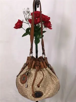 $89.99 • Buy FOSSIL MADDOX Canvas Tan Leather Trimmed Bucket Drawstring Shoulder Bag #ZB4960