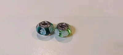 PANDORA~Green & White Flower Fireworks Murano Glass Bead Charm Lot Of 2~NEW • $28.95