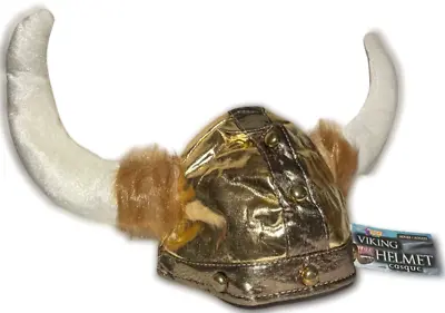 PLUSH VIKING HELMET Faux Horns Fur Gold Hat Cap Jumbo Funny Costume Warrior King • $15.95