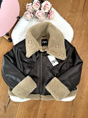 ZARA FAUX LEATHER SHEARLING JACKET FUR DOUBLE FACED BIKER AVIATOR COAT Size S • $87.14