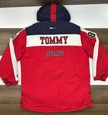 VINTAGE Tommy Hilfiger Mens 2XL Coat Red Quilt Lined Big Logo Ski Jacket Parka • $79.99