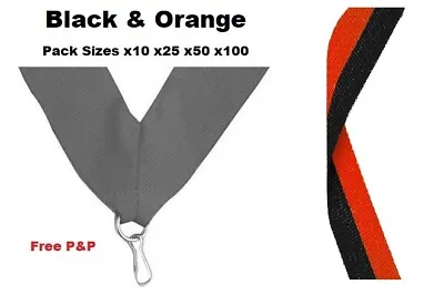 BLACK & ORANGE MEDAL RIBBONS LANYARDS WITH CLIP 22mm WOVEN PACKS OF 10/25/50/100 • £1.99