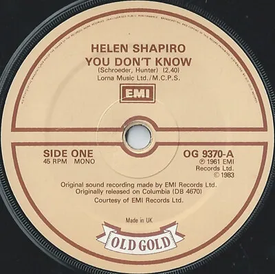 £7.99 • Buy Helen Shapiro - You Don't Know / Walkin' Back To Happiness (7 , Mono)