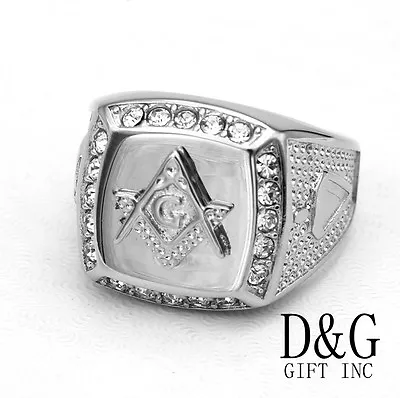 DG Men's Stainless SteelMasonic Cubic Zirconia Ring Size 8 9-13 High Polish BOX • $15.99