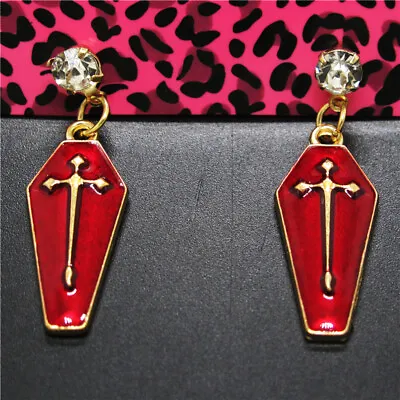 New Red Enamel Cute Vampire Coffin Crystal Fashion Lady Women Stand Earrings • $2.69