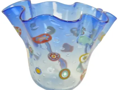 MURANO Art Glass Gambaro & Poggi Handkerchief Murrine Millefiori Blue Vase New • $260.99