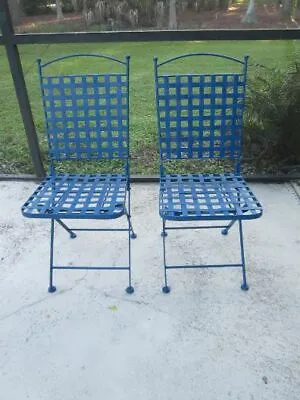 Vintage Metal Folding Patio Garden Chair Salterini Style Blue Set Of 2 • $599