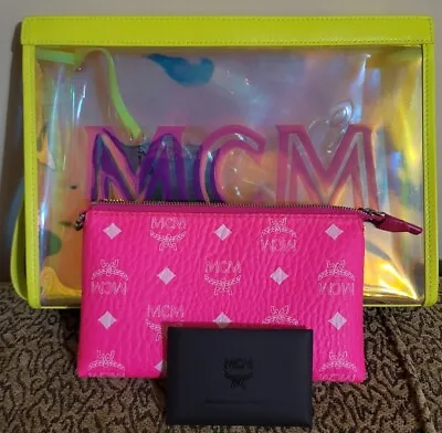 NWOT MCM Flo Leather Poly Yellow Pink Iridescent Translucent Wristlet Clutch  • $200