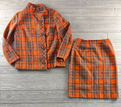 VINTAGE Rhodes California Skirt Suit Set Orange/Gray Plaid Size 11-12 Wool • $59.49