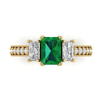 £243.30 • Buy 1.82 Emerald Round 3stone Simulated Emerald Modern Ring Solid 14k Yellow Gold