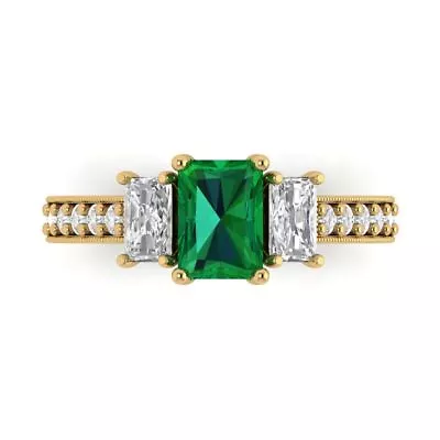 £243.30 • Buy 1.82 Emerald Round 3stone Simulated Emerald Modern Ring Solid 14k Yellow Gold