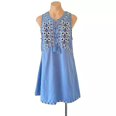 Tigerlily Women's Chambray Dress Size 12  Boho Lace Up Floral Embroidery Cotton • $45