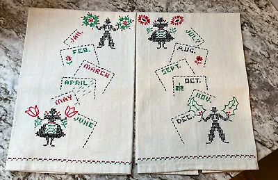 2 Vintage Set Months Of Year Hand Embroidered Kitchen Dish Towels Linen Unused • $16