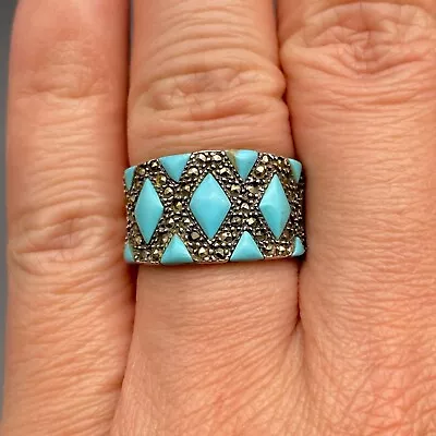 Vintage Turquoise Marcasite Silver Ring Size 8.5 • $125