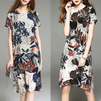 Womens Floral Bohemian Short Sleeve Baggy Holiday Beach Knee Length Maxi Dress • $27.45