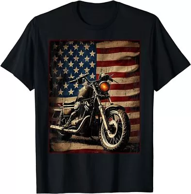 Motorcycle USA Flag Retro Biker T-Shirt • $16.99