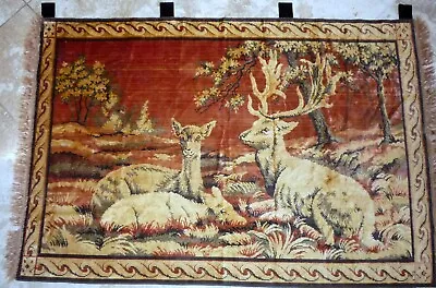 1920's Antique Velvet Tapestry Wall Hanging Carpet Colorful Reindeers 6' X 4' • $34.99