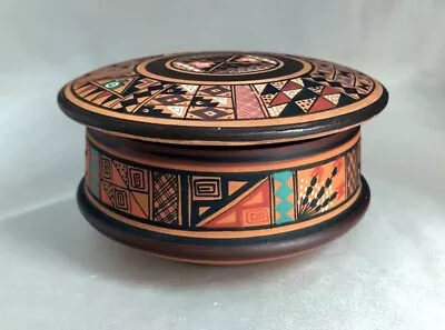 Hand Painted Peruvian Terra Cotta Clay Circular Trinket Box / Jar (4  Diameter) • $11.90