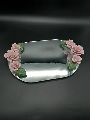 Vintage Mirrored Vanity Tray With Pink Porcelain  Roses • $59.99