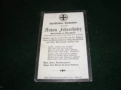 Wwi German Soldier Memoriam Card Anton Fehrerhofer 1915 Infantry Regiment • £2.99