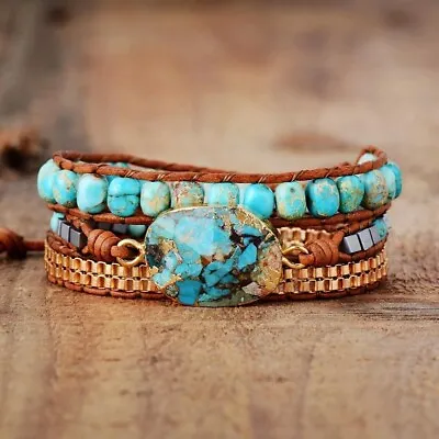Natural Turquoise 3 Strands Boho Handmade Healing Meditation Women Wrap Bracelet • $19.98