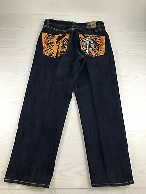 VINTAGE EXA UNLIMITED Jeans Mens 36x33 Blue Baggy EMBROIDERED Indian Skull Y2K • $45
