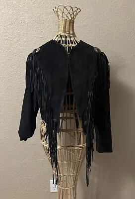 Vtg Shirley French Design Open Jacket Black Fringe Cropped Concho 8 Western • $95.95