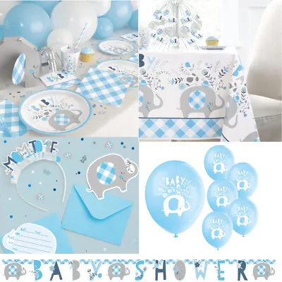 Blue Floral Elephants Baby Shower Boy Decorations Tableware Games Balloons • £2.99