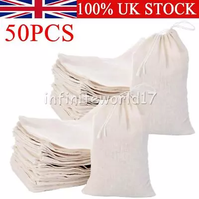 50x Cotton Muslin Drawstring Straining Bag For Tea Spice Herb Bouquet 8*10cm • £7.63