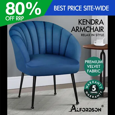 ALFORDSON Velvet Armchair Accent Chair Tub Lounge Sofa Couch Fabric Seat Blue • $129.95