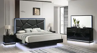 NEW Modern Italian 4PC LED Gloss Black Queen King Contemporary Bedroom Set • $2199.99