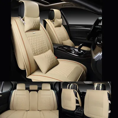 Leather Car Seat Cover Universal Full Set Front Rear Cushion Protect Solid Beige • $68.99