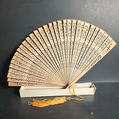 $45 • Buy Vtg Chinese Asian Sandalwood Delicate Detailed 7  Long Folding 31 Blade Hand Fan