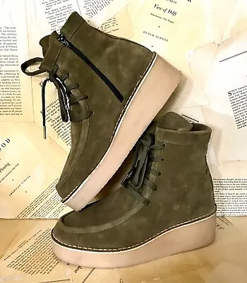 Free People Ashton Moccasin Boot Olive Suede Crepe Thick Wedge Ties 41/ 11 NEW • $84